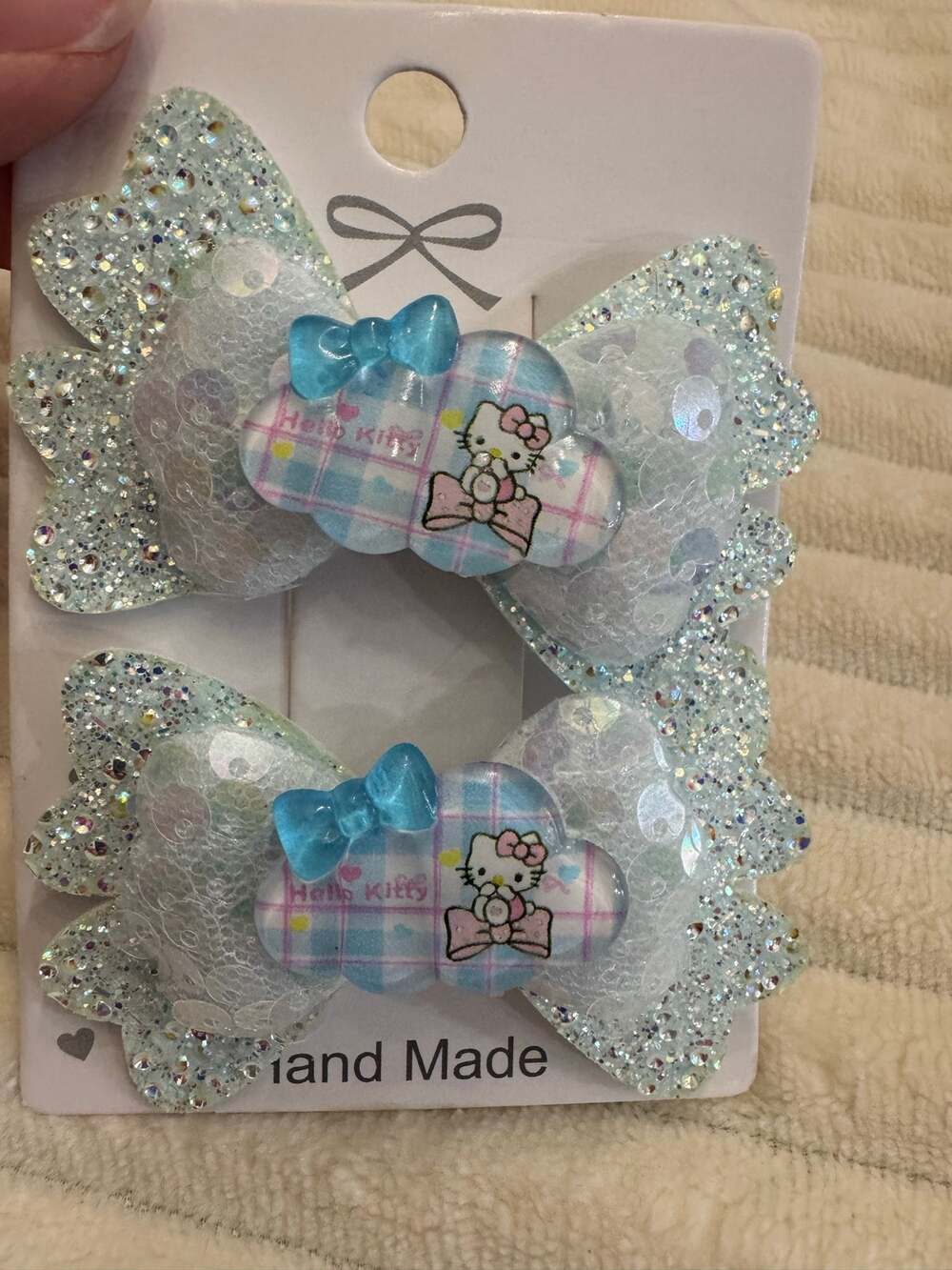 Hello Kitty blue and pink plaid bow hair clips glittery silver wings set of 2